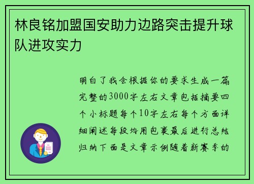 林良铭加盟国安助力边路突击提升球队进攻实力